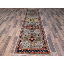 Load image into Gallery viewer, 2&#39;7&quot;x9&#39;9&quot; Misty Gray, Armenian Inspired Caucasian Design With Bird Figurines, Super Fine Wool, 200 Kpsi, Hand Knotted, Denser Weave, Vegetable Dyes, Runner, Oriental Rug FWR8058