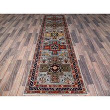 Load image into Gallery viewer, 2&#39;8&quot;x9&#39;8&quot; Quiet Gray, Armenian Inspired Caucasian Design With Bird Figurines, Super Fine Wool, 200 Kpsi, Hand Knotted, Denser Weave, Vegetable Dyes, Runner, Oriental Rug FWR8064