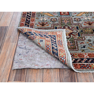 2'7"x8' Misty Gray, Armenian Inspired Caucasian Design With Bird Figurines, Super Fine Wool, 200 Kpsi, Hand Knotted, Vegetable Dyes, Denser Weave, Runner, Oriental Rug FWR8070