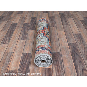 2'7"x8' Misty Gray, Armenian Inspired Caucasian Design With Bird Figurines, Super Fine Wool, 200 Kpsi, Hand Knotted, Vegetable Dyes, Denser Weave, Runner, Oriental Rug FWR8070