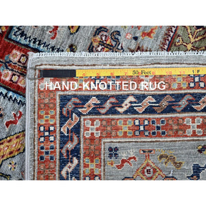 2'7"x8' Misty Gray, Armenian Inspired Caucasian Design With Bird Figurines, Super Fine Wool, 200 Kpsi, Hand Knotted, Vegetable Dyes, Denser Weave, Runner, Oriental Rug FWR8070