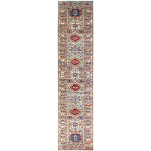 Load image into Gallery viewer, 2&#39;9&quot;x11&#39;7&quot; Sage Gray, Soft And Shiny Wool, Hand Knotted, Densely Woven Geometric Patterns, Natural Dyes Afghan Super Kazak Vibrant Medallions Runner Oriental Rug Sh135 FWR810