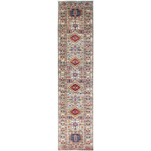 2'9"x11'7" Sage Gray, Soft And Shiny Wool, Hand Knotted, Densely Woven Geometric Patterns, Natural Dyes Afghan Super Kazak Vibrant Medallions Runner Oriental Rug Sh135 FWR810