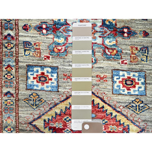 2'9"x11'7" Sage Gray, Soft And Shiny Wool, Hand Knotted, Densely Woven Geometric Patterns, Natural Dyes Afghan Super Kazak Vibrant Medallions Runner Oriental Rug Sh135 FWR810