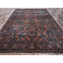 Load image into Gallery viewer, 8&#39;8&quot;x11&#39;6&quot; Salmon Red, Antique Persian Sarouk, Washed And Shaved Low, Sides And Ends Professionally Secured, Shabby Chic, Distressed, Zero Pile, Hand Knotted, Pure Wool, Oriental Rug FWR8202