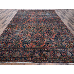 8'8"x11'6" Salmon Red, Antique Persian Sarouk, Washed And Shaved Low, Sides And Ends Professionally Secured, Shabby Chic, Distressed, Zero Pile, Hand Knotted, Pure Wool, Oriental Rug FWR8202