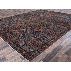 8'8"x11'6" Salmon Red, Antique Persian Sarouk, Washed And Shaved Low, Sides And Ends Professionally Secured, Shabby Chic, Distressed, Zero Pile, Hand Knotted, Pure Wool, Oriental Rug FWR8202