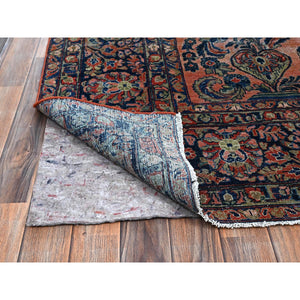 8'8"x11'6" Salmon Red, Antique Persian Sarouk, Washed And Shaved Low, Sides And Ends Professionally Secured, Shabby Chic, Distressed, Zero Pile, Hand Knotted, Pure Wool, Oriental Rug FWR8202