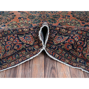 8'8"x11'6" Salmon Red, Antique Persian Sarouk, Washed And Shaved Low, Sides And Ends Professionally Secured, Shabby Chic, Distressed, Zero Pile, Hand Knotted, Pure Wool, Oriental Rug FWR8202