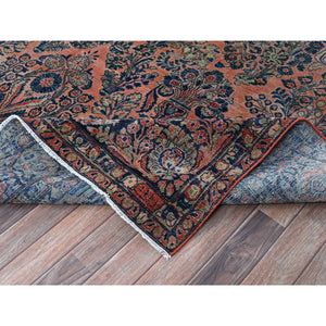 8'8"x11'6" Salmon Red, Antique Persian Sarouk, Washed And Shaved Low, Sides And Ends Professionally Secured, Shabby Chic, Distressed, Zero Pile, Hand Knotted, Pure Wool, Oriental Rug FWR8202