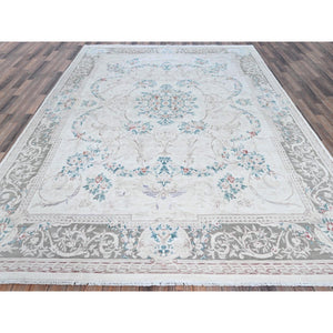 9'x11'9" Daisy White, Washed Out, Aubusson Design, Pak Persian, 300 Kpsi, 100% Wool, Hand Knotted, Oriental Rug FWR8220