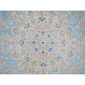 12'x12' Baby Blue, Antique Persian Kerman, Even Wear, Clean And Soft, Sides And Ends Professionally Secured, Hand Knotted, 100% Wool, Square, Oriental Rug FWR8244