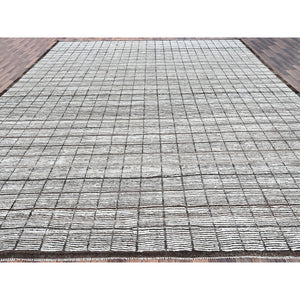 12'6"x15' Porcelain White, Moroccan Weave With Box Design, Textured Pile, Tone On Tone, Undyed Natural Wool, Hand Knotted, Oversized, Oriental Rug FWR8250