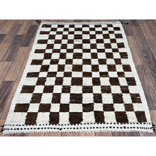 Load image into Gallery viewer, 2&#39;10&quot;x4&#39;10&quot; Chocolate Brown And Ivory, Moroccan Weave With Squares Design, Tone On Tone, Textured Pile, Undyed Natural Wool, Hand Knotted, Oriental Rug FWR8286