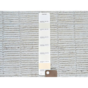 3'x5' Alabaster White, Moroccan Weave With Grid Design, Tone On Tone, Undyed Natural Wool, Textured Pile, Hand Knotted, Oriental Rug FWR8292