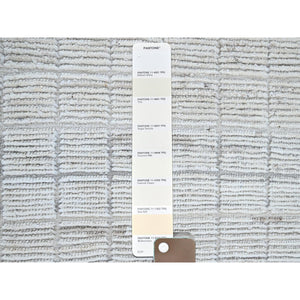 3'x5' Chiffon White, Moroccan Weave With Box Design, Textured Pile, Tone On Tone, Undyed Natural Wool, Hand Knotted, Oriental Rug FWR8298