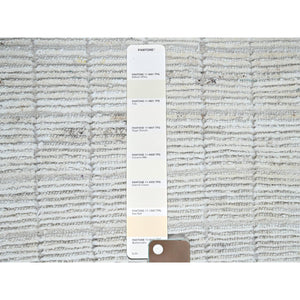 2'4"x3' Pearl White, Moroccan Weave With Squares Design, Textured Pile, Tone On Tone, Undyed Natural Wool, Hand Knotted, Sample, Mat, Oriental Rug FWR8316