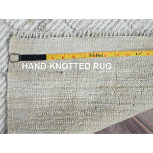 2'4"x3' Pearl White, Moroccan Weave With Squares Design, Textured Pile, Tone On Tone, Undyed Natural Wool, Hand Knotted, Sample, Mat, Oriental Rug FWR8316