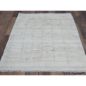 2'4"x3' Alabaster White, Hand Knotted, Moroccan Weave With Box Design, Textured Pile, Tone On Tone, Undyed Natural Wool, Mat, Sample, Oriental Rug FWR8322
