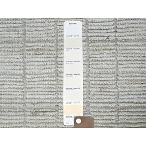 2'4"x3' Alabaster White, Hand Knotted, Moroccan Weave With Box Design, Textured Pile, Tone On Tone, Undyed Natural Wool, Mat, Sample, Oriental Rug FWR8322