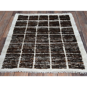 2'1"x2'7" Chocolate Brown, Moroccan Weave with Grid Design, Textured Pile, Tone on Tone, Undyed Natural Wool, Hand Knotted, Sample, Mat, Oriental Rug FWR8328