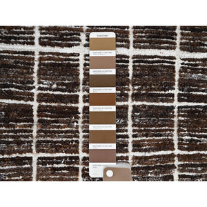 2'1"x2'7" Chocolate Brown, Moroccan Weave with Grid Design, Textured Pile, Tone on Tone, Undyed Natural Wool, Hand Knotted, Sample, Mat, Oriental Rug FWR8328