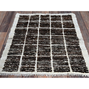 2'1"x2'7" Chocolate Brown, Moroccan Weave With Box Design, Textured Pile, Undyed Natural Wool, Tone On Tone, Hand Knotted, Sample, Mat, Oriental Rug FWR8334