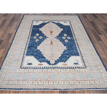 Load image into Gallery viewer, 5&#39;x6&#39;10&quot; Yale Blue, Anatolian Village Inspired With Geometric Design, 100% Wool, Cropped Low, Zero Pile, Hand Knotted, Oriental Rug FWR8496