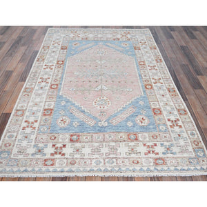 4'6"x6'9" Faded Rose, Pure Wool, Anatolian Village Inspired with Geometric Design, Cropped Low, Zero Pile, Hand Knotted, Oriental Rug FWR8514
