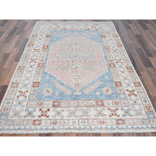 Load image into Gallery viewer, 4&#39;6&quot;x6&#39;9&quot; Faded Rose, Pure Wool, Anatolian Village Inspired With Geometric Design, Cropped Low, Zero Pile, Hand Knotted, Oriental Rug FWR8514
