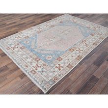 Load image into Gallery viewer, 4&#39;6&quot;x6&#39;9&quot; Faded Rose, Pure Wool, Anatolian Village Inspired With Geometric Design, Cropped Low, Zero Pile, Hand Knotted, Oriental Rug FWR8514