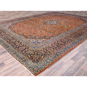 9'8"x12'8" Cinnabar Red, Hand Knotted, Soft And Shiny Wool, Natural Dyes, Persian Kashan, Centre Geometric Element And Broad Borders, Vintage Oriental Rug FWR858