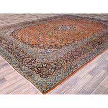 Load image into Gallery viewer, 9&#39;8&quot;x12&#39;8&quot; Cinnabar Red, Hand Knotted, Soft And Shiny Wool, Natural Dyes, Persian Kashan, Centre Geometric Element And Broad Borders, Vintage Oriental Rug FWR858