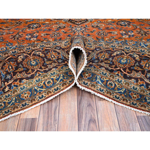 9'8"x12'8" Cinnabar Red, Hand Knotted, Soft And Shiny Wool, Natural Dyes, Persian Kashan, Centre Geometric Element And Broad Borders, Vintage Oriental Rug FWR858