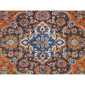 9'8"x12'8" Cinnabar Red, Hand Knotted, Soft And Shiny Wool, Natural Dyes, Persian Kashan, Centre Geometric Element And Broad Borders, Vintage Oriental Rug FWR858