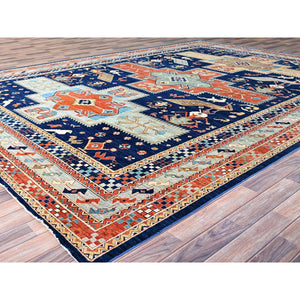 9'10"x13'7" Astros Navy Blue, Armenian Inspired Caucasian Design, 200 Kpsi, Hand Knotted With Small Bird Figurines, Velvety Wool, Densely Woven Vegetable Dyes Oriental Rug FWR864