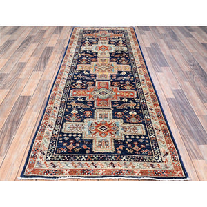 2'7"x7'9" Broncos Navy Blue, Runner, Armenian Inspired Caucasian Design, Pure And Soft Wool, Hand Knotted, Natural Dyes, Denser Weave, Small Bird Figurines, 200 Kpsi, Oriental Rug FWR924