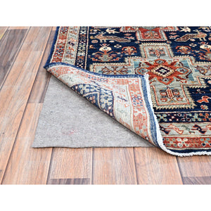 2'7"x7'9" Broncos Navy Blue, Runner, Armenian Inspired Caucasian Design, Pure And Soft Wool, Hand Knotted, Natural Dyes, Denser Weave, Small Bird Figurines, 200 Kpsi, Oriental Rug FWR924