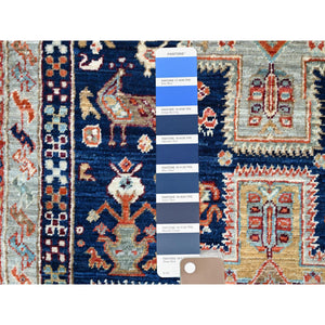 2'7"x7'9" Broncos Navy Blue, Runner, Armenian Inspired Caucasian Design, Pure And Soft Wool, Hand Knotted, Natural Dyes, Denser Weave, Small Bird Figurines, 200 Kpsi, Oriental Rug FWR924