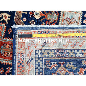2'7"x7'9" Broncos Navy Blue, Runner, Armenian Inspired Caucasian Design, Pure And Soft Wool, Hand Knotted, Natural Dyes, Denser Weave, Small Bird Figurines, 200 Kpsi, Oriental Rug FWR924