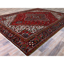 Load image into Gallery viewer, 7&#39;9&quot;x10&#39;9&quot; Ruby Red With Geometric Medallion, Sides And Ends Secured Professionally, Tribal Weave, Hand Knotted, 100% Wool, Cropped Thin, Semi Antique Persian Heriz Oriental Rug FWR1044