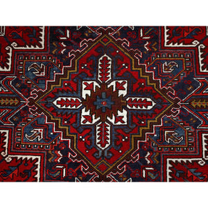 7'9"x10'9" Ruby Red With Geometric Medallion, Sides And Ends Secured Professionally, Tribal Weave, Hand Knotted, 100% Wool, Cropped Thin, Semi Antique Oriental Rug Sh174 FWR1044