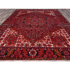10'x12'8" Fire Brick Red With Asphalt Black Border, Nomad Art, Vintage Persian Heriz, Great Condition, Cleaned, Sheared Low, Sides And Ends Secured, Hand Knotted, Luxurious Wool, Oriental Rug FWR1080