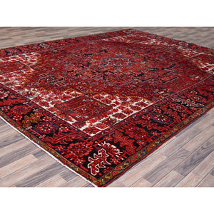 10'x12'8" Fire Brick Red With Asphalt Black Border, Nomad Art, Vintage Persian Heriz, Great Condition, Cleaned, Sheared Low, Sides And Ends Secured, Hand Knotted, Luxurious Wool, Oriental Rug FWR1080
