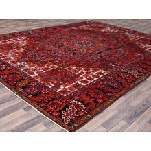 Load image into Gallery viewer, 10&#39;x12&#39;8&quot; Fire Brick Red With Asphalt Black Border, Nomad Art, Vintage Persian Heriz, Great Condition, Cleaned, Sheared Low, Sides And Ends Secured, Hand Knotted, Luxurious Wool, Oriental Rug FWR1080