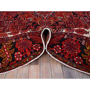 10'x12'8" Fire Brick Red With Asphalt Black Border, Nomad Art, Vintage Persian Heriz, Great Condition, Cleaned, Sheared Low, Sides And Ends Secured, Hand Knotted, Luxurious Wool, Oriental Rug FWR1080