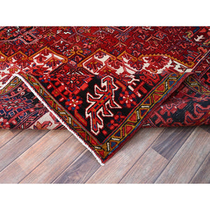 10'x12'8" Fire Brick Red With Asphalt Black Border, Nomad Art, Vintage Persian Heriz, Great Condition, Cleaned, Sheared Low, Sides And Ends Secured, Hand Knotted, Luxurious Wool, Oriental Rug FWR1080