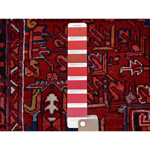 10'x12'8" Fire Brick Red With Asphalt Black Border, Nomad Art, Vintage Persian Heriz, Great Condition, Cleaned, Sheared Low, Sides And Ends Secured, Hand Knotted, Luxurious Wool, Oriental Rug FWR1080