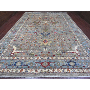 11'7"x15'8" Cloud Gray, Aryana Grade, Peshawar With Bijar Garus Design, Colorful Pattern, Vegetable Dyes, Hand Knotted, Densely Woven, 100% Wool, Oversized, Oriental Rug FWR120012