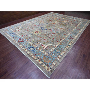 11'7"x15'8" Cloud Gray, Aryana Grade, Peshawar With Bijar Garus Design, Colorful Pattern, Vegetable Dyes, Hand Knotted, Densely Woven, 100% Wool, Oversized, Oriental Rug FWR120012